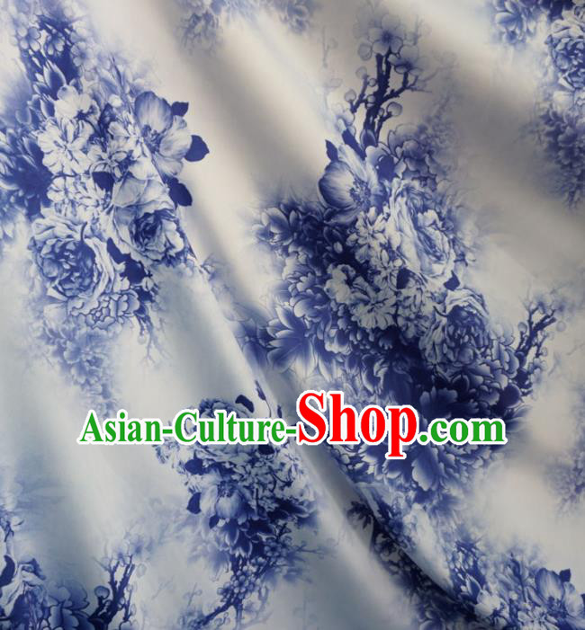 Asian Chinese Printing Peony Design Pattern White Brocade Traditional Cheongsam Satin Fabric Tang Suit Silk Material