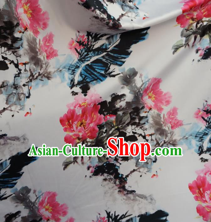 Asian Chinese Ink Painting Peony Brocade Traditional Cheongsam Satin Fabric Tang Suit Silk Material