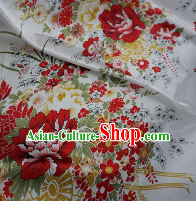 Asian Chinese Printing Peony White Brocade Traditional Cheongsam Satin Fabric Tang Suit Silk Material