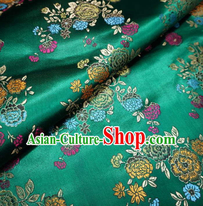 Asian Chinese Classical Peony Design Pattern Green Brocade Traditional Cheongsam Satin Fabric Tang Suit Silk Material