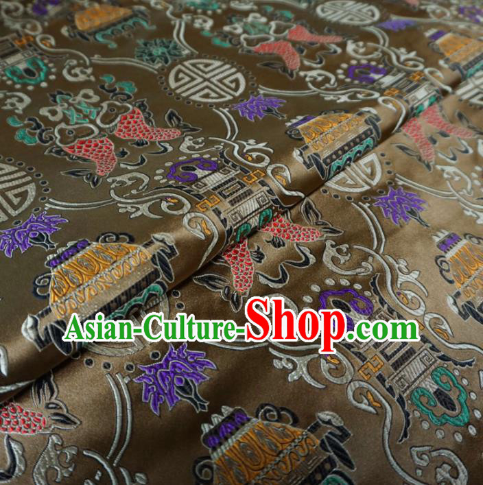 Asian Chinese Classical Fishes Design Pattern Brown Brocade Traditional Cheongsam Satin Fabric Tang Suit Silk Material