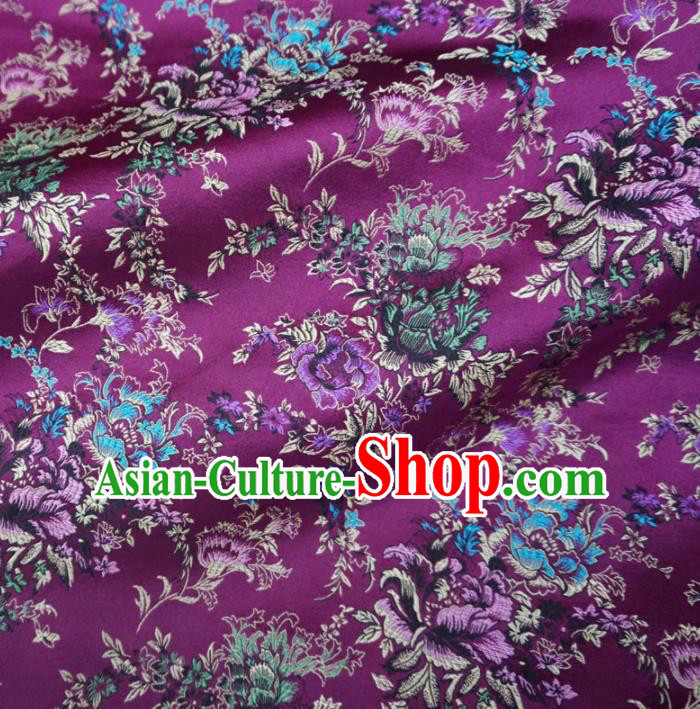 Asian Chinese Classical Peony Design Pattern Purple Brocade Traditional Cheongsam Satin Fabric Tang Suit Silk Material