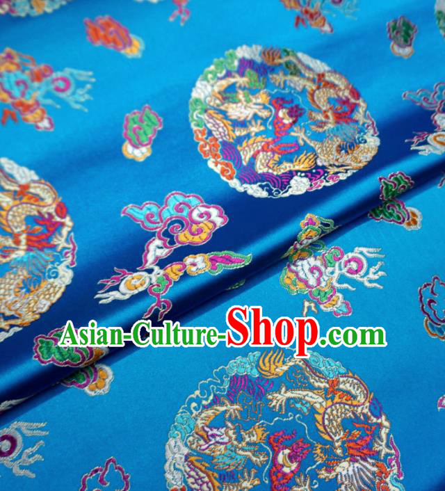 Asian Chinese Traditional Cheongsam Satin Fabric Classical Dragons Pattern Blue Brocade Tang Suit Silk Material