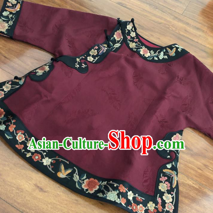 Chinese Traditional Embroidered Costume National Wine Red Silk Qipao Blouse for Women