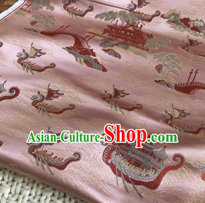 Asian Chinese Classical Dragon Boat Design Pattern Pink Brocade Traditional Cheongsam Satin Fabric Tang Suit Silk Material