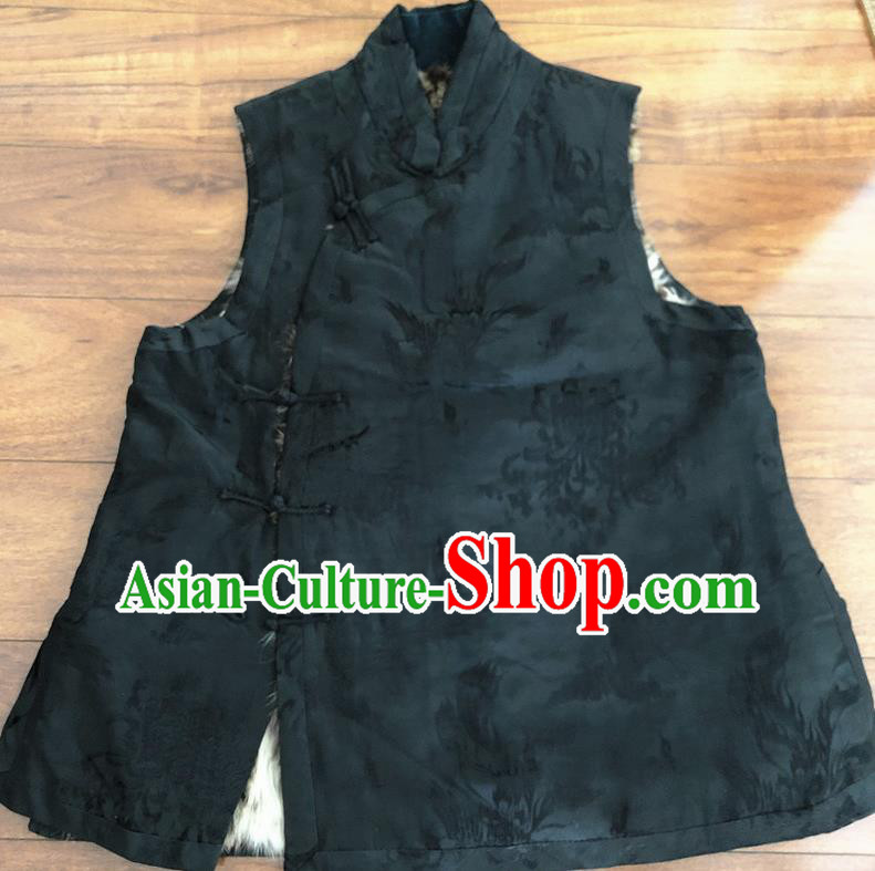 Chinese Traditional Costume Waistcoat National Black Cotton Padded Vest for Women