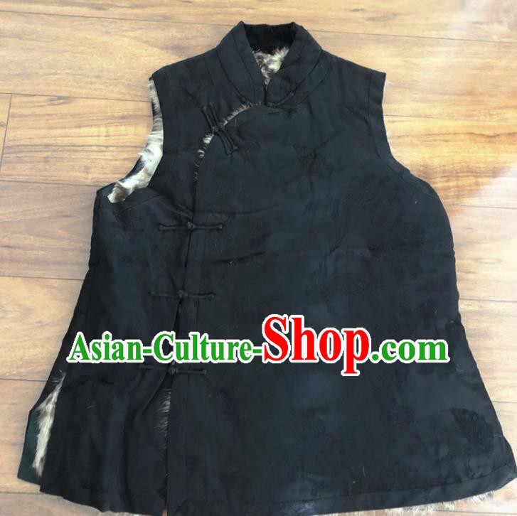 Chinese Traditional Costume Waistcoat National Black Woolen Vest for Women