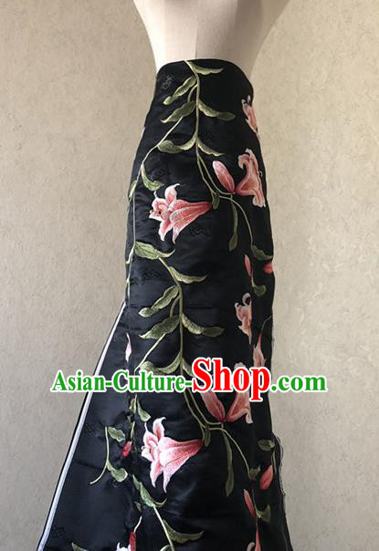 Asian Chinese Classical Lily Flowers Design Pattern Black Brocade Traditional Cheongsam Satin Fabric Tang Suit Silk Material