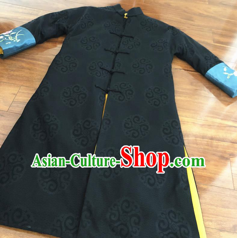 Chinese Traditional Embroidered Costume National Black Cotton Padded Coat Tang Suit Long Robe for Women