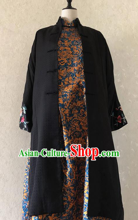 Chinese Traditional Costume National Embroidered Black Cotton Padded Coat Tang Suit Long Robe for Women