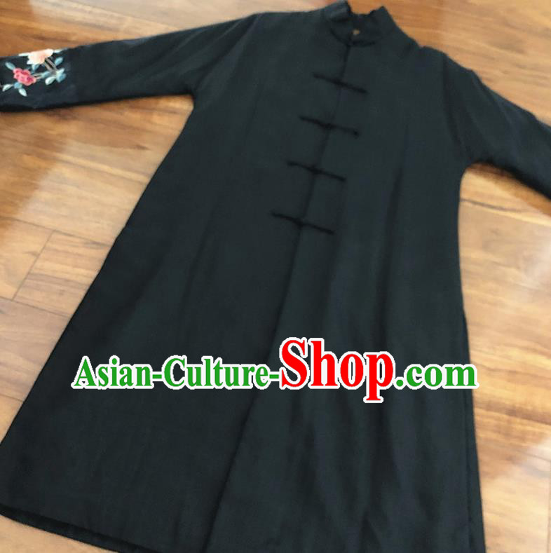 Chinese Traditional Costume National Embroidered Black Cotton Padded Coat Tang Suit Long Robe for Women