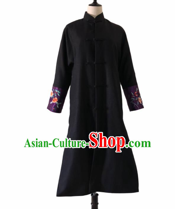 Chinese Traditional Embroidered Black Cotton Padded Coat National Costume Tang Suit Long Robe for Women