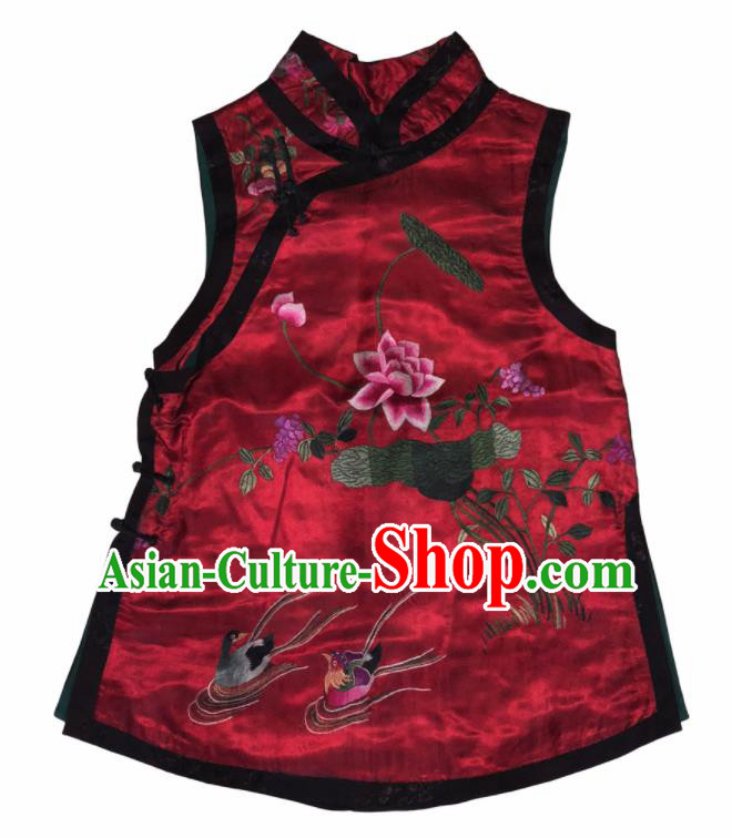 Chinese Traditional Embroidered Lotus Red Silk Qipao Vest National Costume Tang Suit Waistcoat for Women
