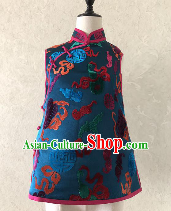Chinese Traditional Embroidered Blue Silk Qipao Vest National Costume Tang Suit Waistcoat for Women
