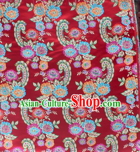 Asian Chinese Classical Flowers Pattern Red Nanjing Brocade Traditional Tibetan Robe Satin Fabric Silk Material