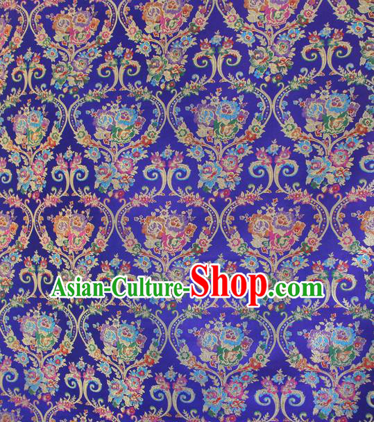 Asian Chinese Classical Flowers Vase Pattern Royalblue Nanjing Brocade Traditional Tibetan Robe Satin Fabric Silk Material