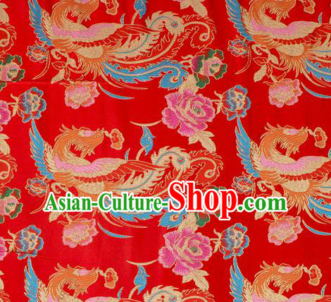 Asian Chinese Classical Phoenix Peony Pattern Red Nanjing Brocade Traditional Tibetan Robe Satin Fabric Silk Material