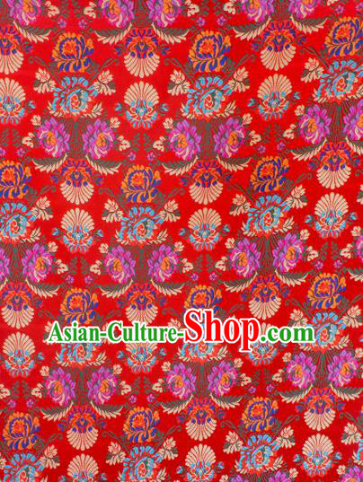 Asian Chinese Classical Flowers Pattern Red Nanjing Brocade Traditional Tibetan Robe Satin Fabric Silk Material