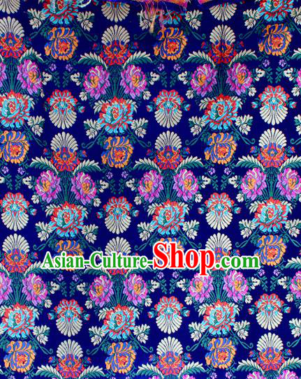 Asian Chinese Classical Flowers Pattern Blue Nanjing Brocade Traditional Tibetan Robe Satin Fabric Silk Material