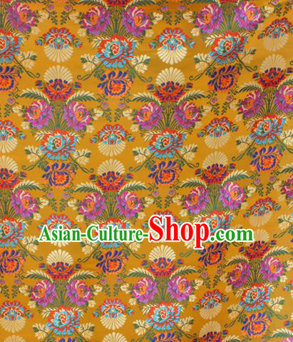 Asian Chinese Classical Flowers Pattern Yellow Nanjing Brocade Traditional Tibetan Robe Satin Fabric Silk Material