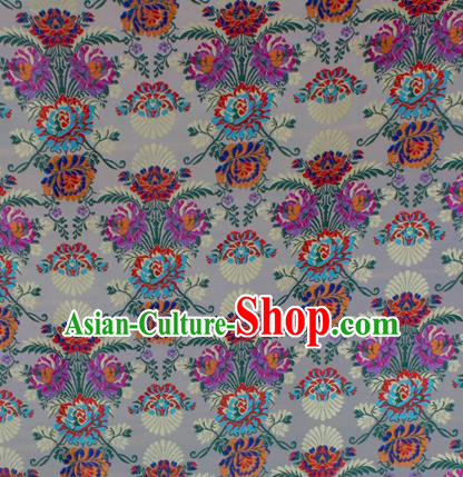 Asian Chinese Classical Flowers Pattern White Nanjing Brocade Traditional Tibetan Robe Satin Fabric Silk Material