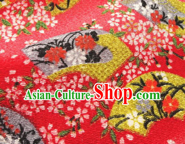 Asian Traditional Classical Sakura Fan Pattern Red Tapestry Satin Brocade Fabric Japanese Kimono Silk Material