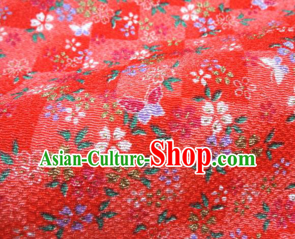 Asian Traditional Classical Butterfly Flowers Pattern Red Tapestry Satin Brocade Fabric Japanese Kimono Silk Material