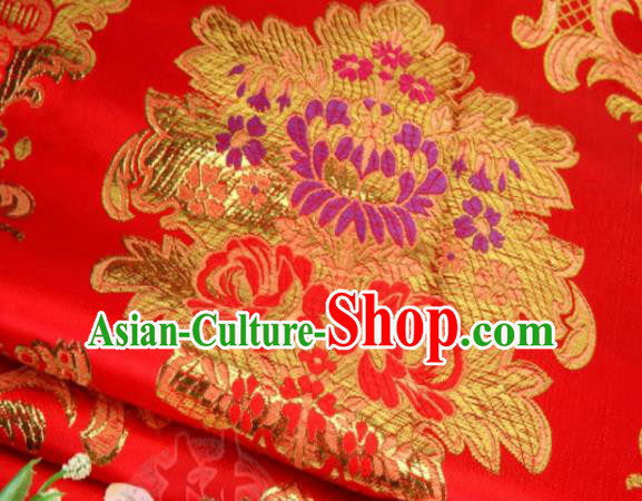 Asian Chinese Classical Leaf Flowers Pattern Red Brocade Traditional Tibetan Robe Satin Fabric Silk Material