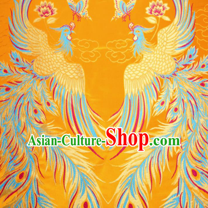 Asian Chinese Classical Phoenix Butterfly Pattern Yellow Brocade Traditional Tibetan Robe Satin Fabric Silk Material