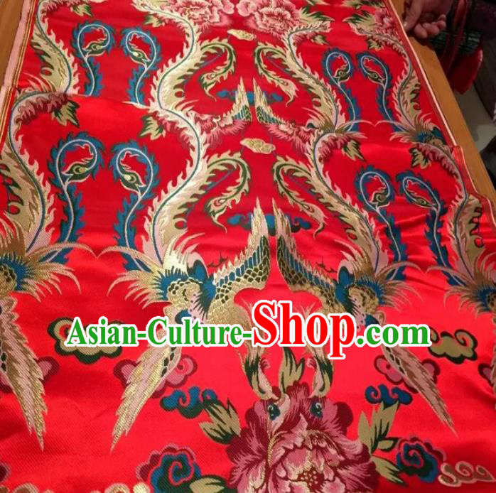 Asian Chinese Classical Phoenix Peony Pattern Red Brocade Traditional Tibetan Robe Satin Fabric Silk Material