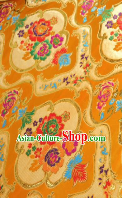 Asian Chinese Classical Aquarius Flowers Pattern Golden Brocade Traditional Tibetan Robe Satin Fabric Silk Material