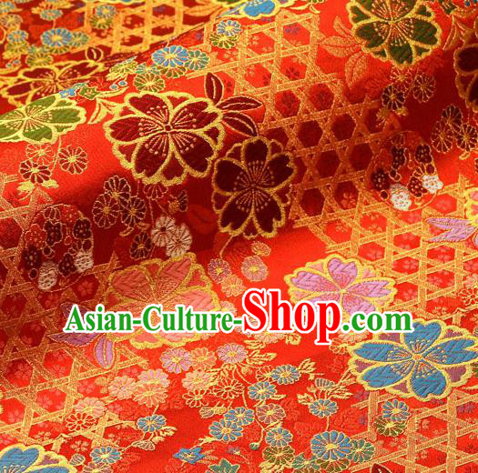 Asian Traditional Classical Sakura Pattern Nishijin Red Brocade Fabric Japanese Kimono Satin Silk Material