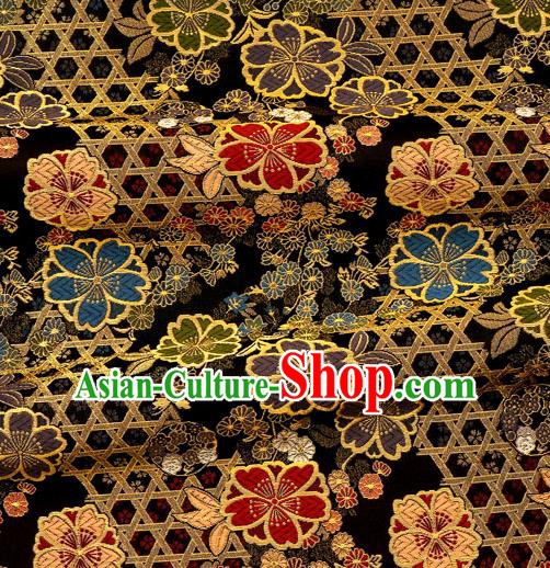 Asian Traditional Classical Sakura Pattern Nishijin Black Brocade Fabric Japanese Kimono Satin Silk Material