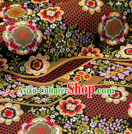 Asian Traditional Classical Flowers Pattern Nishijin Black Brocade Fabric Japanese Kimono Satin Silk Material