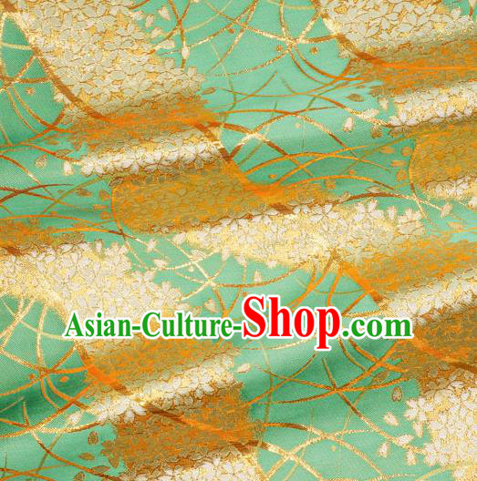 Asian Traditional Classical Sakura Pattern Green Tapestry Satin Nishijin Brocade Fabric Japanese Kimono Silk Material