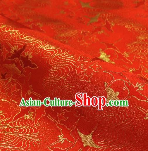 Asian Traditional Classical Crane Pattern Red Tapestry Satin Nishijin Brocade Fabric Japanese Kimono Silk Material