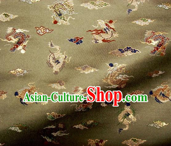 Asian Traditional Classical Dragons Pattern Olive Green Tapestry Satin Nishijin Brocade Fabric Japanese Kimono Silk Material