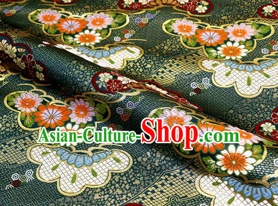 Asian Traditional Classical Daisy Pattern Deep Green Tapestry Satin Nishijin Brocade Fabric Japanese Kimono Silk Material