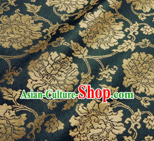 Asian Traditional Classical Peony Pattern Blue Tapestry Satin Nishijin Brocade Fabric Japanese Kimono Silk Material