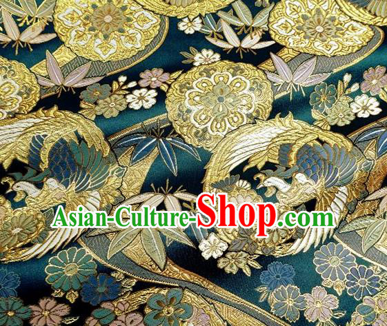 Asian Traditional Classical Bamboo Phoenix Pattern Blue Tapestry Satin Nishijin Brocade Fabric Japanese Kimono Silk Material