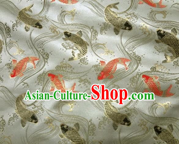 Asian Traditional Classical Carp Pattern White Tapestry Satin Nishijin Brocade Fabric Japanese Kimono Silk Material