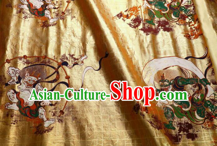 Asian Traditional Classical Thunder God Pattern Golden Brocade Fabric Japanese Kimono Satin Silk Material