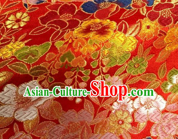 Asian Traditional Classical Flowers Pattern Nishijin Red Brocade Fabric Japanese Kimono Satin Silk Material