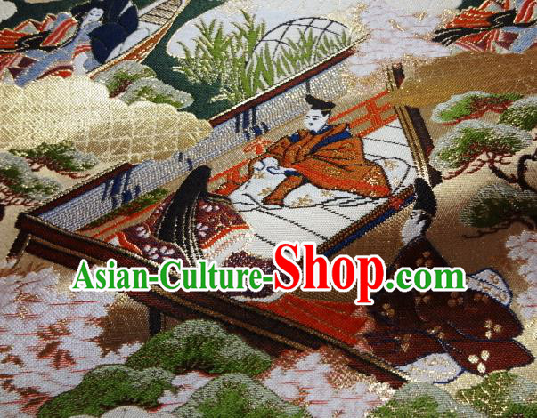 Asian Traditional Classical Genji Palace Pattern Golden Tapestry Satin Nishijin Brocade Fabric Japanese Kimono Silk Material