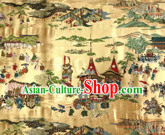 Asian Traditional Classical Kyoto View Pattern Golden Tapestry Satin Nishijin Brocade Fabric Japanese Kimono Silk Material