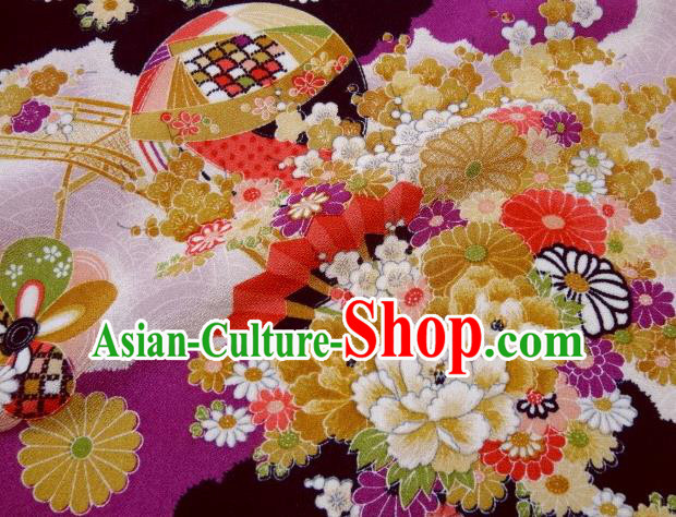 Asian Traditional Classical Peony Daisy Pattern Purple Tapestry Satin Nishijin Brocade Fabric Japanese Kimono Silk Material