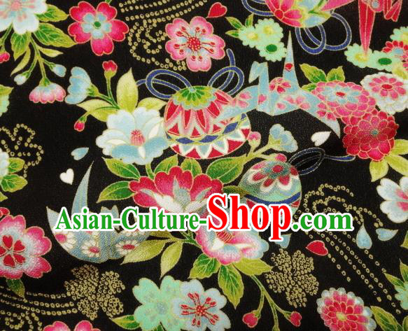 Asian Traditional Classical Bell Flowers Pattern Black Tapestry Satin Nishijin Brocade Fabric Japanese Kimono Silk Material