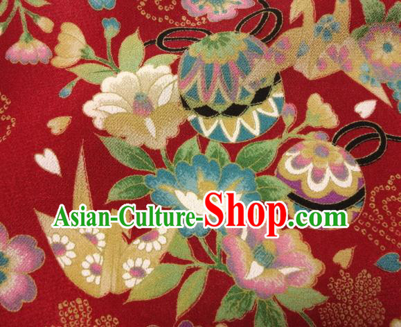 Asian Traditional Classical Bell Flowers Pattern Red Tapestry Satin Nishijin Brocade Fabric Japanese Kimono Silk Material