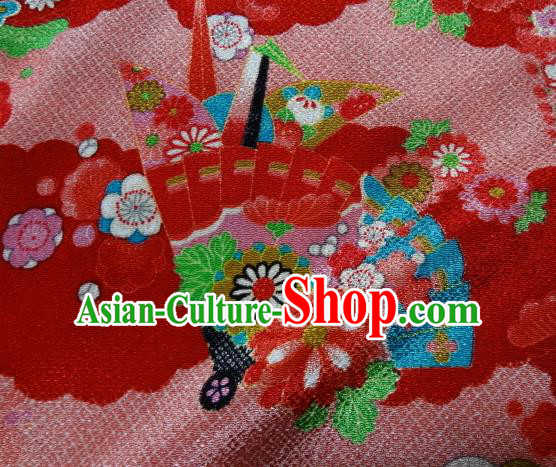 Asian Traditional Classical Paper Crane Fan Pattern Red Tapestry Satin Nishijin Brocade Fabric Japanese Kimono Silk Material