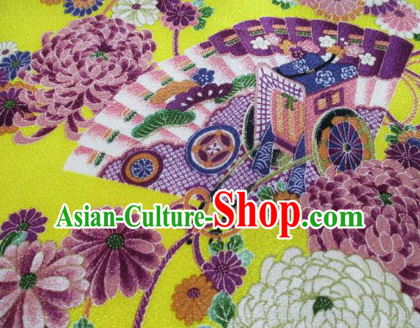 Asian Traditional Classical Chrysanthemum Fan Pattern Yellow Tapestry Satin Brocade Fabric Japanese Kimono Silk Material